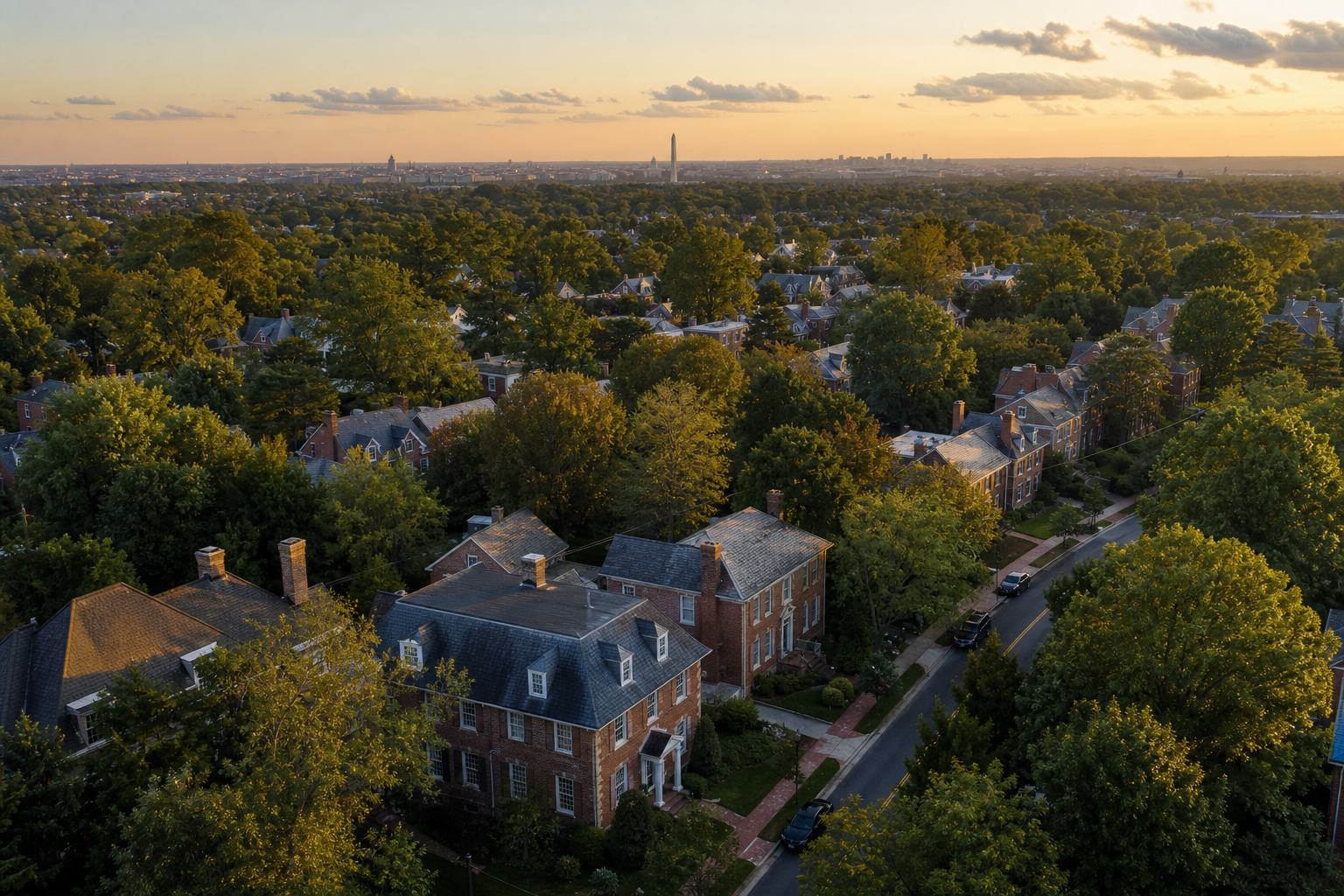 Aerial view of a Washington DC metro residential neighborhood at golden hour, AI-generated concept imagery